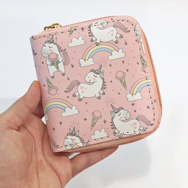 Rainbow and Ice Cream Unicorn Zipper Wallet (Pink)
