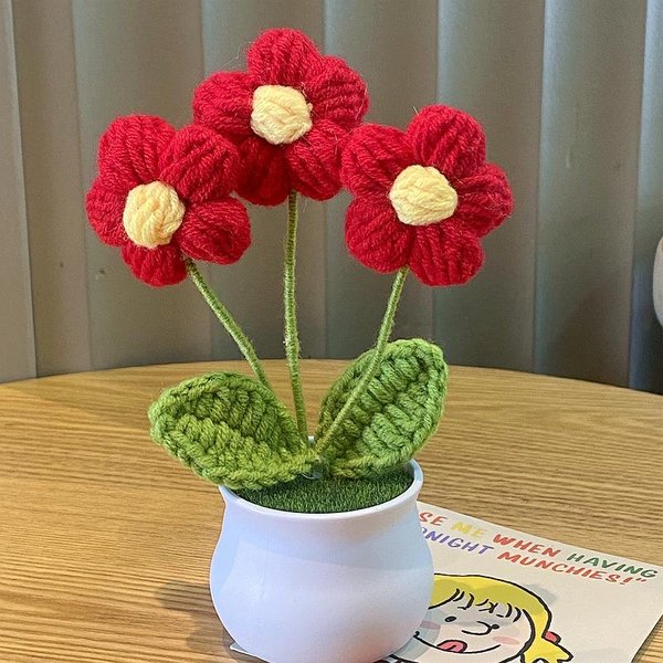 Crochet Potted Puff Flowers - Red (Free Gift Bag)