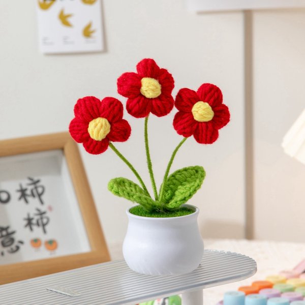 Crochet Potted Puff Flowers - Red (Free Gift Bag)