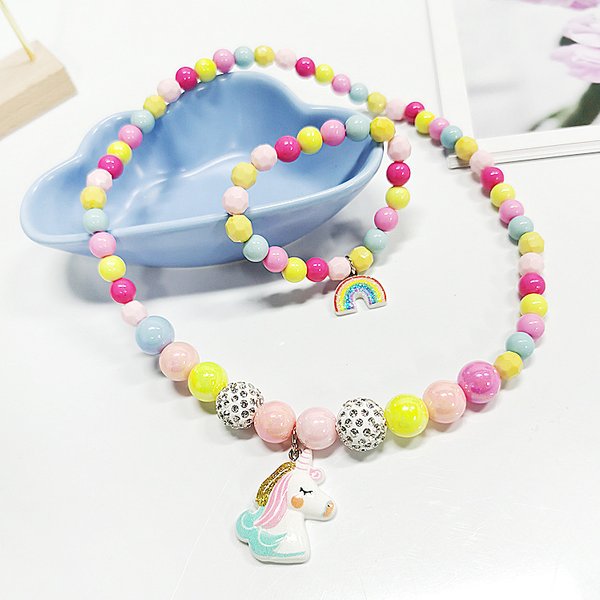 Unicorn Beaded Necklace Bracelet Set (Rainbow)